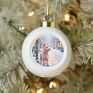 Cairn Terrier Festive Lamppost Village Christmas Ceramic Ball Christmas Ornament