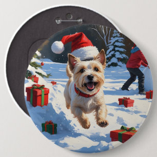 Cairn Terrier Running in Snow with Christmas Hat 6 Inch Round Button
