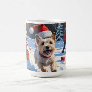 Cairn Terrier Running in Snow with Christmas Hat Coffee Mug