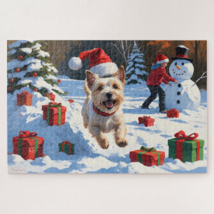 Cairn Terrier Running in Snow with Christmas Hat Jigsaw Puzzle