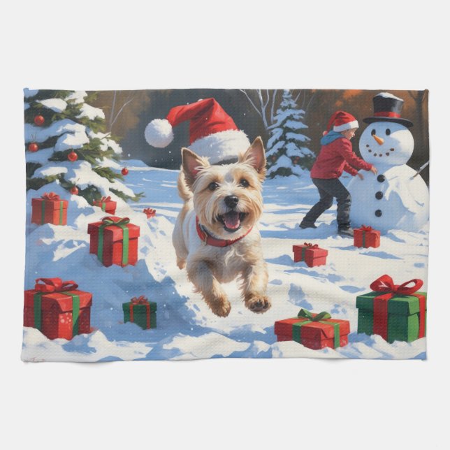 Cairn Terrier Running in Snow with Christmas Hat Kitchen Towel (Horizontal)
