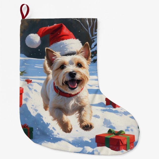 Cairn Terrier Running in Snow with Christmas Hat Large Christmas Stocking (Front)
