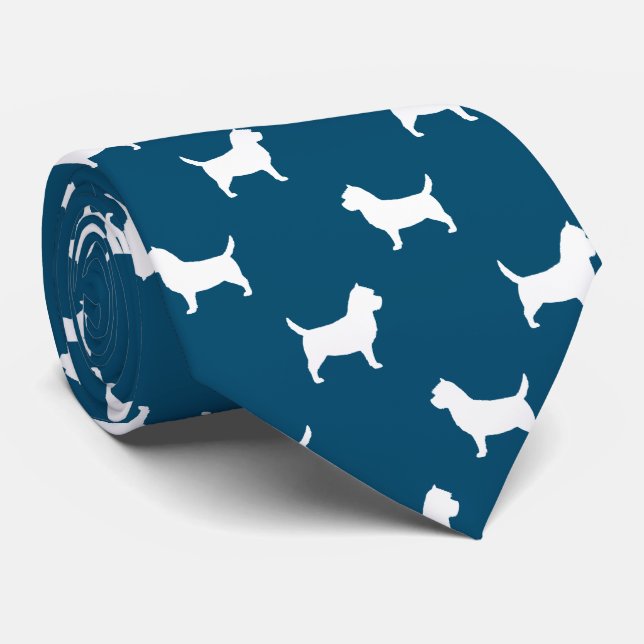 Cairn Terrier Silhouettes Pattern Blue and White Tie (Rolled)