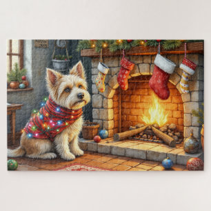 Cairn Terrier Sitting Fireplace Christmas Lights Jigsaw Puzzle