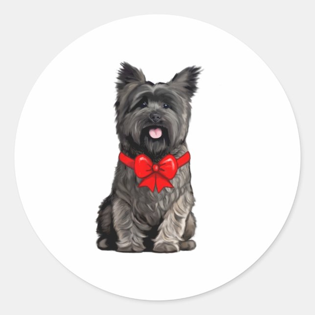 Cairn Terrier Wearing a Christmas Bow  Card Classic Round Sticker (Front)
