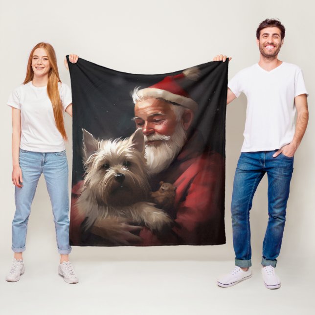 Cairn Terrier With Santa Claus Festive Christmas Fleece Blanket (In Situ)