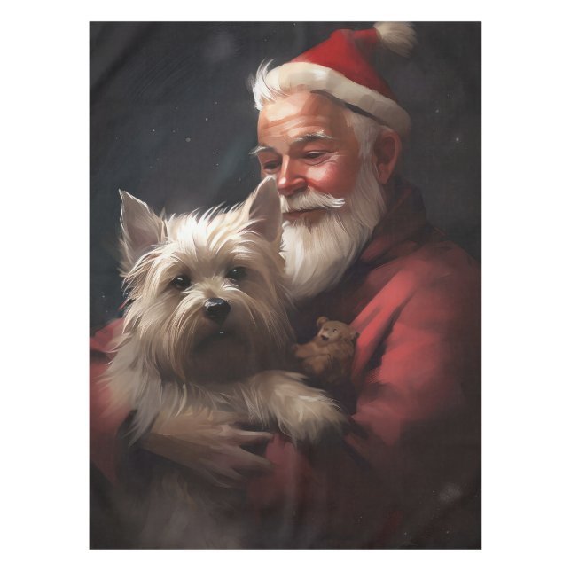 Cairn Terrier With Santa Claus Festive Christmas Tablecloth (Front)