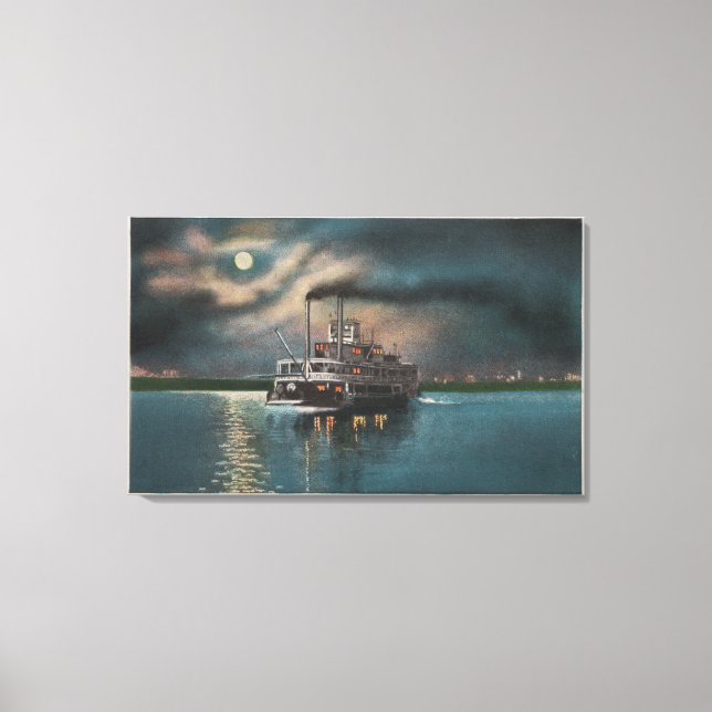 Cairo, IL - Night View of Steamer on Miss. River Canvas Print (Front)
