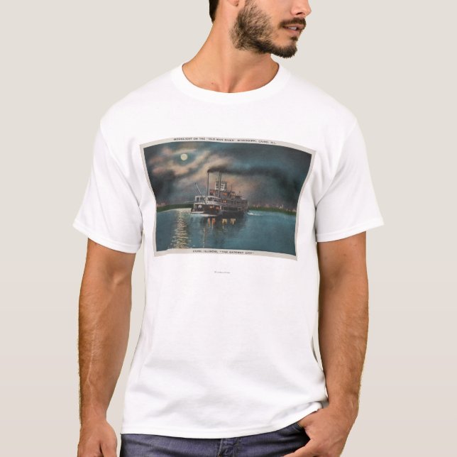 Cairo, IL - Night View of Steamer on Miss. River T-Shirt (Front)