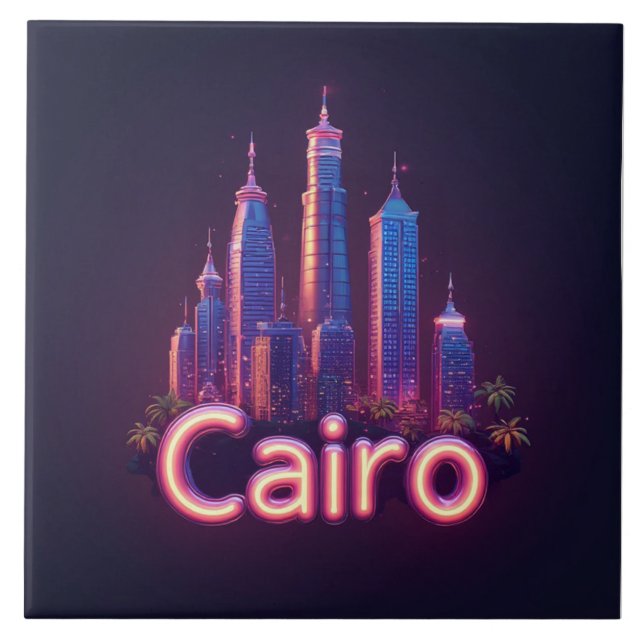 Cairo Neon Skyline With Modern Skyscr Tile (Front)