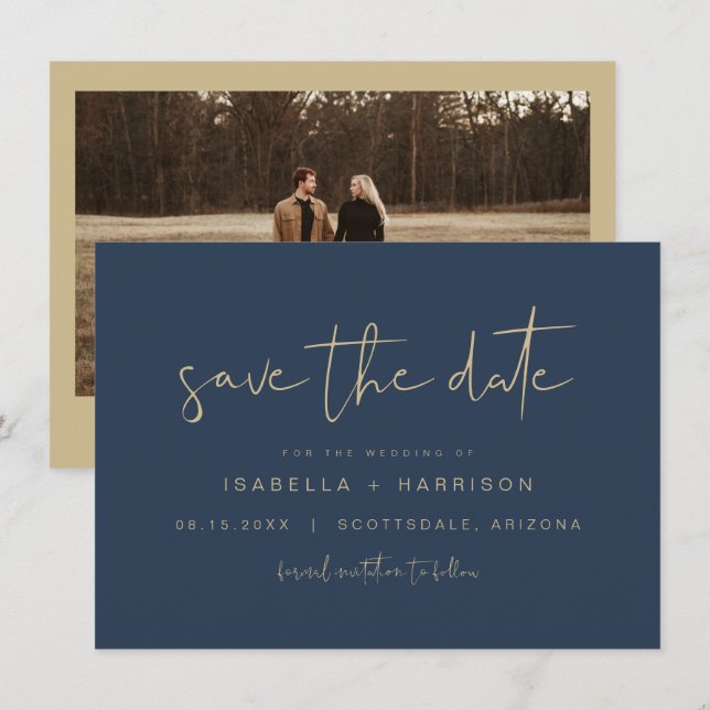 CAITLIN Edgy Navy and Gold Minimal Save the Date Invitation (Front/Back)