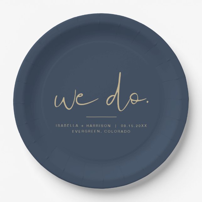 CAITLIN Elegant Edgy Navy and Gold We Do Wedding Paper Plate (Front)