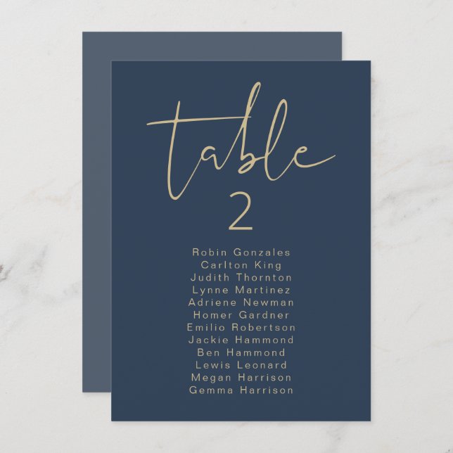 CAITLIN Modern Navy and Gold Table Seating Card (Front/Back)