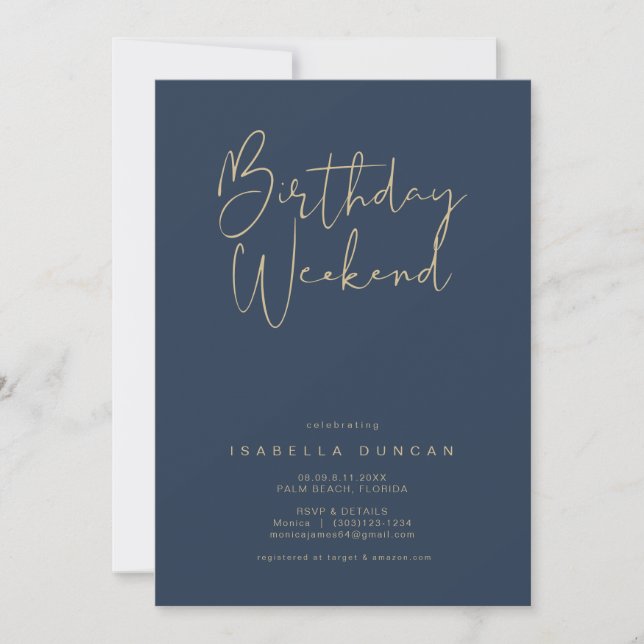 CAITLIN Modern Navy Birthday Weekend Itinerary  Invitation (Front)