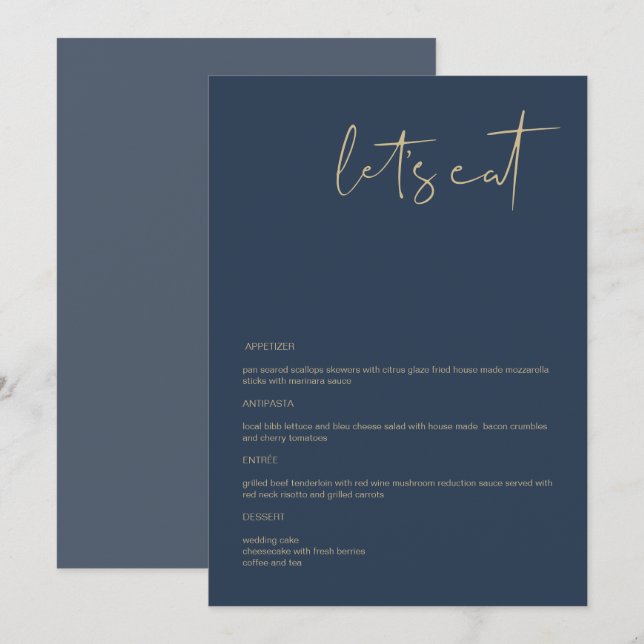 CAITLIN Modern Navy et Gold 5x7" Mangeons le menu (Devant / Derrière)