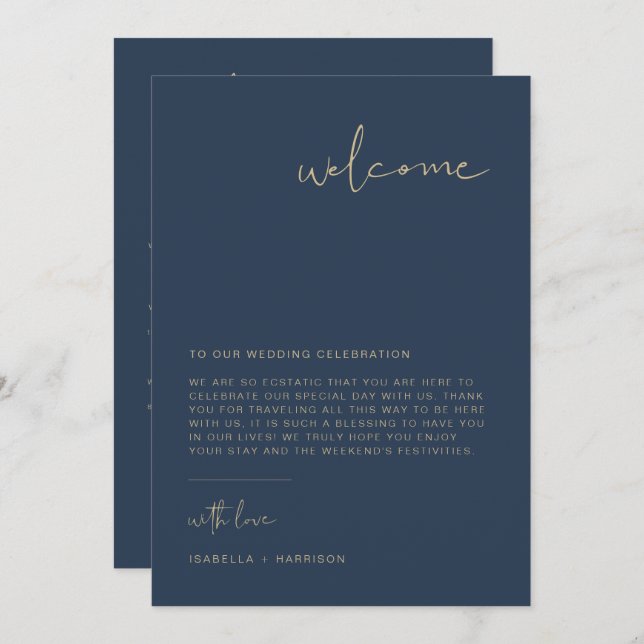 CAITLIN Modern Navy Welcome Letter Timeline Card (Front/Back)