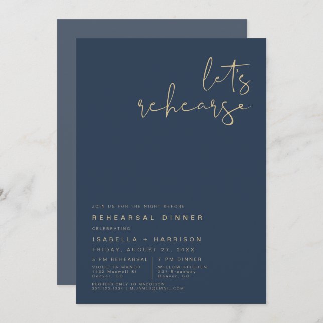 CAITLIN Navy and Gold Modern Rehearsal Dinner Invi Invitation (Front/Back)