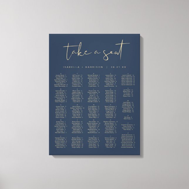 CAITLIN Navy Blue and Gold Alphabetical Seating  Canvas Print (Front)