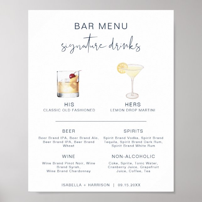 CAITLIN Navy Cocktail Signature Drink Bar Menu Poster (Front)