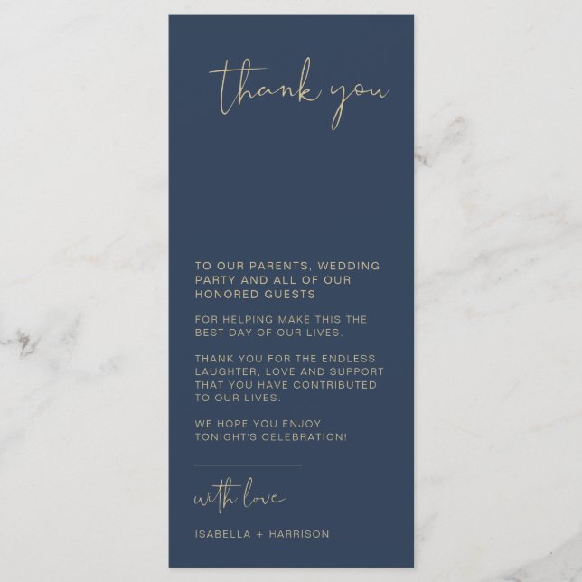 CAITLIN Navy Gold Wedding Table Thank You Card (Front)