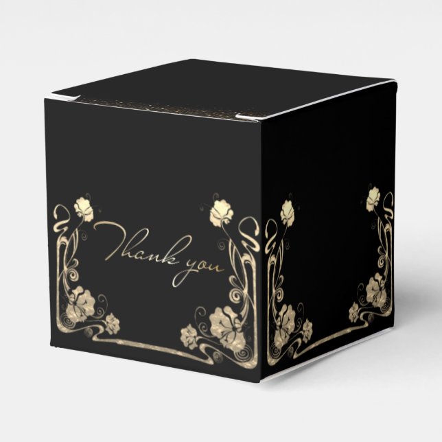 Caja de regalo negra con flores doradas favor box (Front Side)