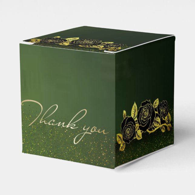 Caja de regalo verde con flores doradas favor box (Front Side)