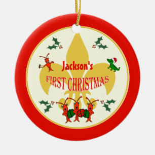 Cajun Baby First Christmas Red Border Ceramic Ornament