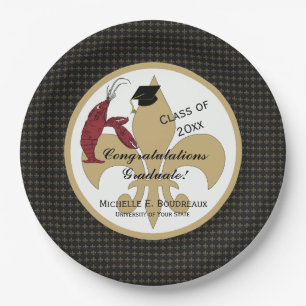 Cajun Crawfish Graduation in Black and Gold Paper Plate
