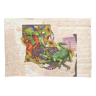 Cajun Louisiana Vintage Map Alligator and Crawfish Pillowcase
