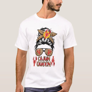 Cajun Queen Crawfish Leoapard Messy Bun Sunglasses T-Shirt