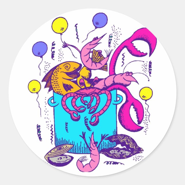 Cajun Style Pot with Fish, crayfish, shrimp Classic Round Sticker (Front)