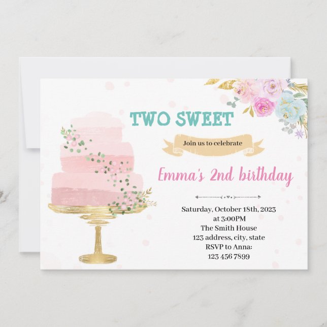 Cake 2nd birthday invitation (Front)