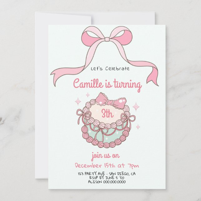  Cake and Bow Coquette Birthday Invitation (Front)