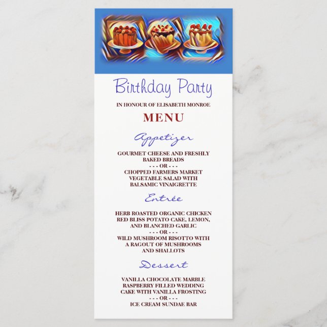 Cake Art Blue Birthday Party Menu (Front)