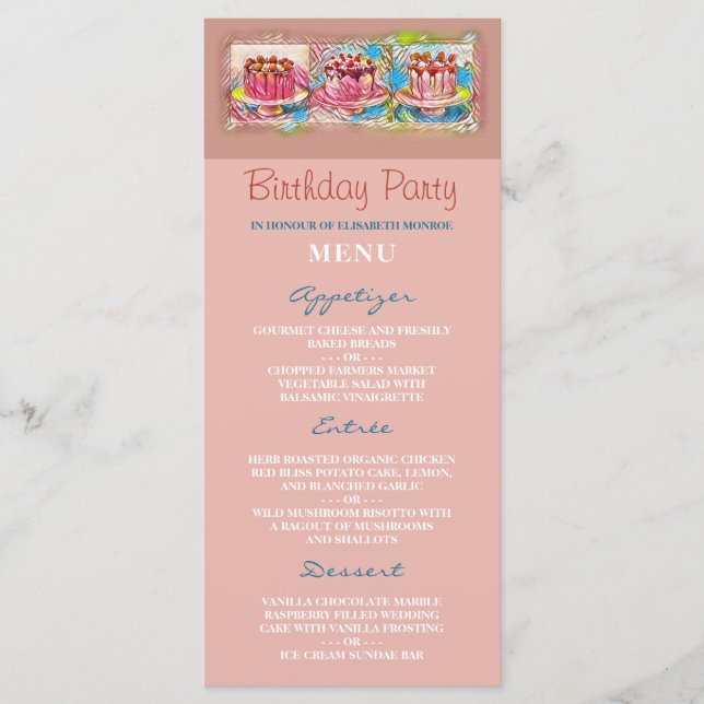 Cake Art Peach Birthday Party Menu (Front)
