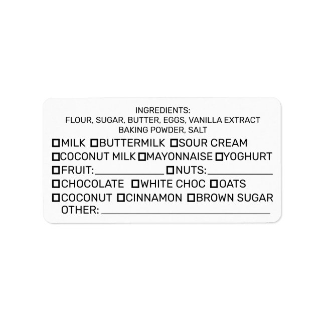 Cake bakery baking ingredients list check box label (Front)