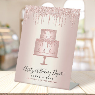 Cake Bakery Chef Rose Gold Glitter Drips Script Pedestal Sign