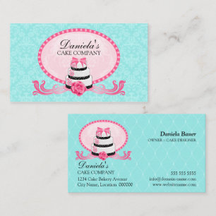 Cake Bakery Damask Aqua Pink Business Card