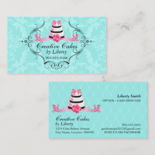 Cake Bakery Damask Aqua Pink Business Cards