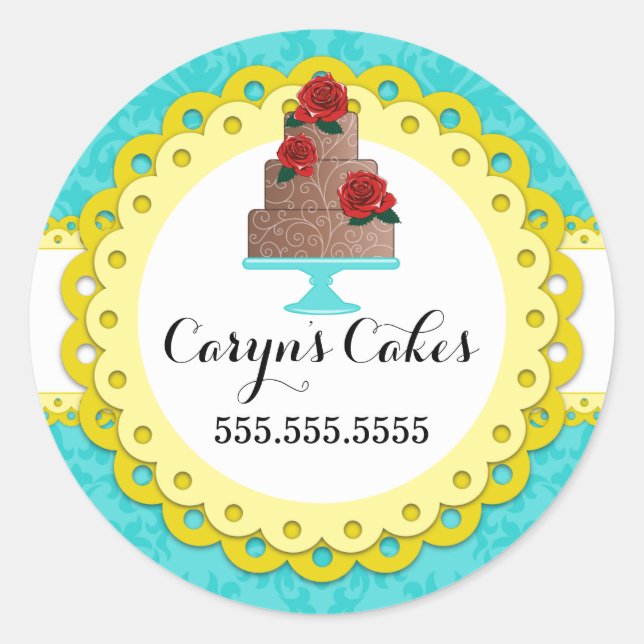 Cake Bakery Damask Yellow Scallop Seals (Front)