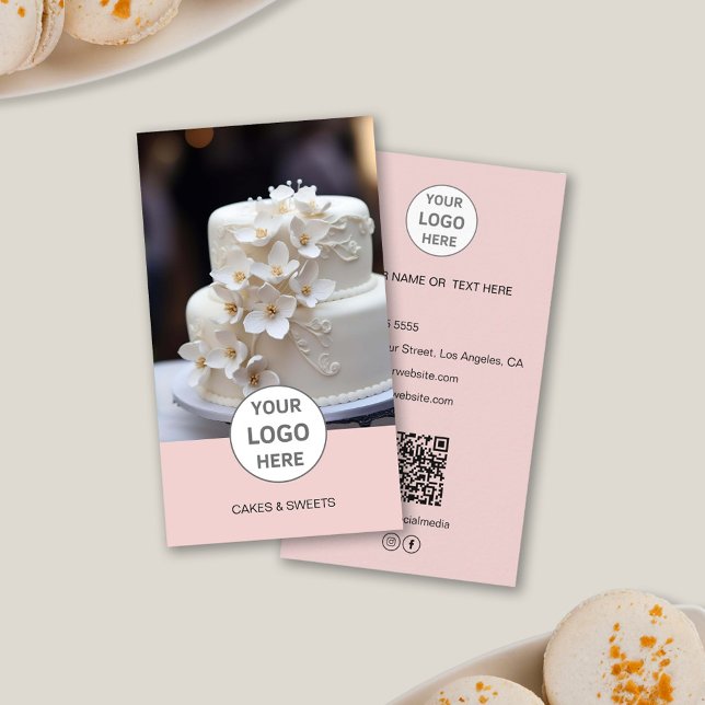 Cake Bakery Logo Photo QR Pink Business Card (Cake Bakery Logo Photo QR Pink Business Card)