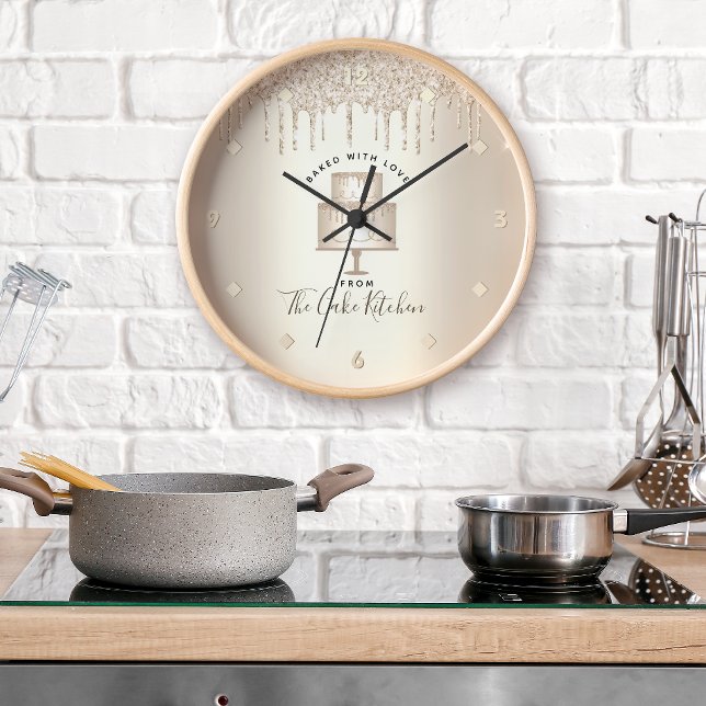 Cake Bakery Pastry Chef Dessert Gold Glitter Drips Large Clock (Creator Uploaded)
