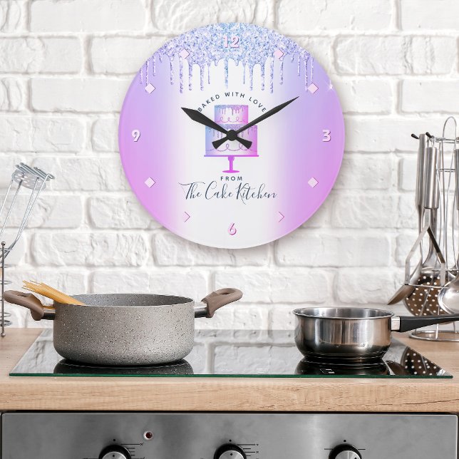 Cake Bakery Pastry Chef Purple Glitter Drips Chic Large Clock (Creator Uploaded)
