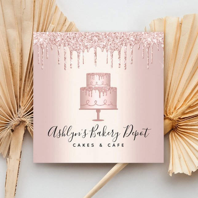 Cake Bakery Rose Gold Glitter Drips Pastry Chef Square Business Card (Creator Uploaded)