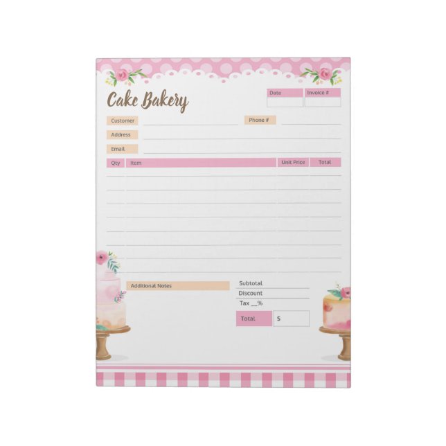 Cake Bakery Theme Order Form and Invoice Notepad (Rotated)