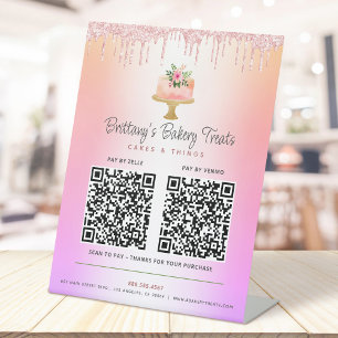 Cake Blush Pink 2 QR Code Pay Here Glitter Ombre Pedestal Sign