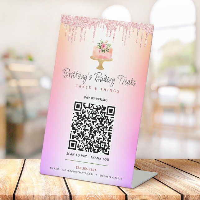 Cake Blush Pink QR Code Pay Here Glitter Ombre Pedestal Sign (Creator Uploaded)