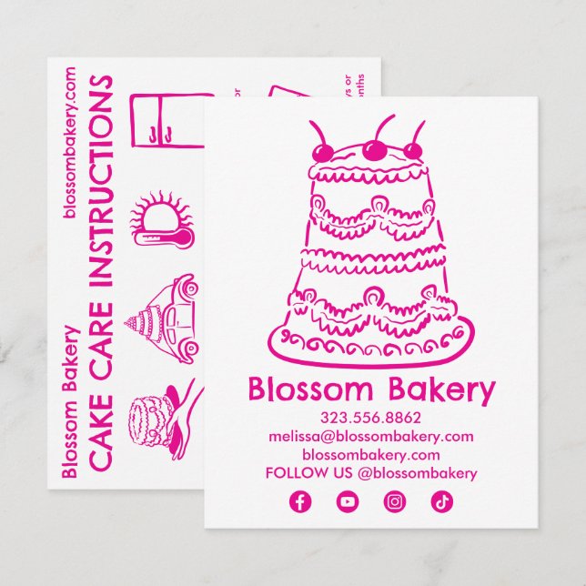 Cake Care Card Instructions Bakery Wedding Bday (Front/Back)