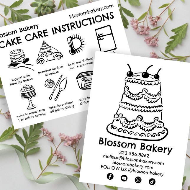 Cake Care Card Instructions Bakery Wedding Bday (Cake Care Card Instructions Bakery Wedding Bday Hand-drawn Illustrations
)