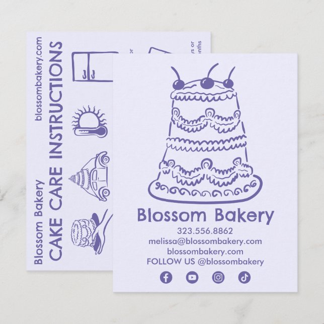 Cake Care Card Instructions Bakery Wedding Bday (Front/Back)